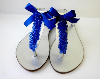 Wedding sandals, Blue decorated silver sandals,Greek leather sandals, Cobalt blue beads and satin bow Bridesmaid flats,  Bridal party,