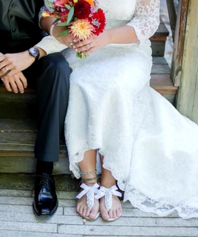 Wedding white sandals with ivory pearls and satin bow, White Greek sandals with ivory pearls, Bridal white flats /Bridesmaid shoes image 8