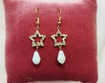 Gold rhinestone star dangle earrings white teardrop bead, Star jewelry Luxury earrings gift for her, Bling earrings Christmas jewelry gift