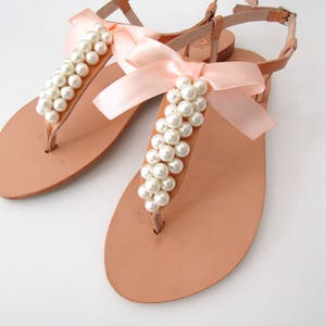 Wedding sandals, Greek leather sandals decorated with ivory pearls and peach satin bow, Bridal party shoes, Pears flats, Bridesmaid sandals image 7
