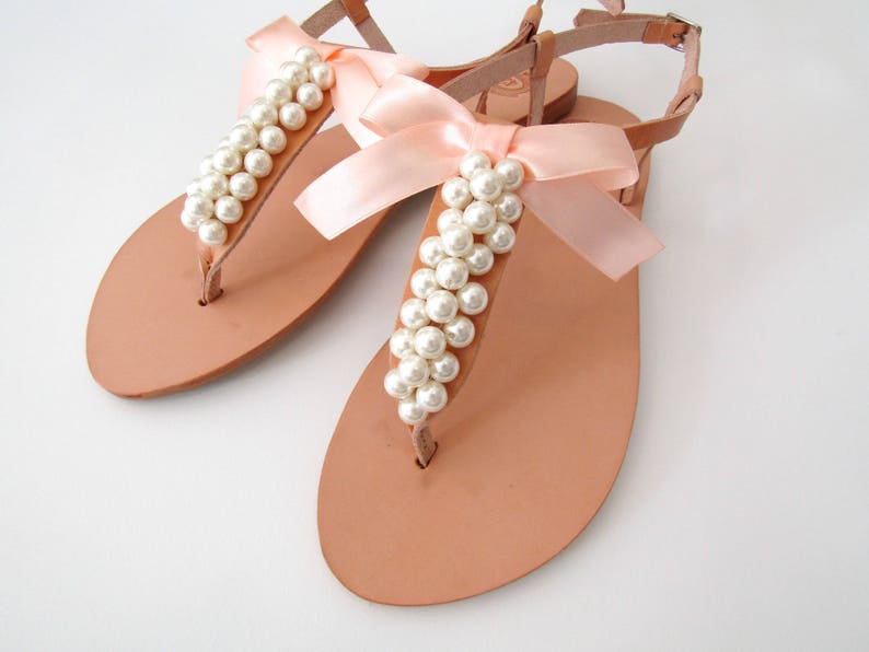 Wedding sandals, Greek leather sandals decorated with ivory pearls and peach satin bow, Bridal party shoes, Pears flats, Bridesmaid sandals image 7