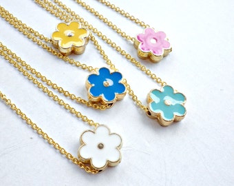 Enamel flower necklace -Dainty gold necklace - White gold necklace -Summer necklace -Gold chain necklace -Pink Turquoise flower ,Blue flower