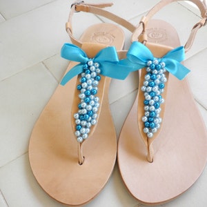 Blue pearls decorated sandals- Leather Greek sandals- Wedding shoes- Summer flats- Bridesmaids sandals- Something blue- Summer sandals-