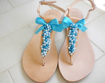Blue pearls decorated sandals- Leather Greek sandals- Wedding shoes- Summer flats- Bridesmaids sandals- Something blue- Summer sandals-
