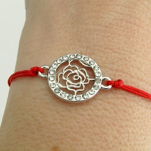 Red bracelet, Silver rose bracelet, Red string bracelet, Adjustable red cord bracelet, Anniversary gift, Layering jewelry, Mothers day gift
