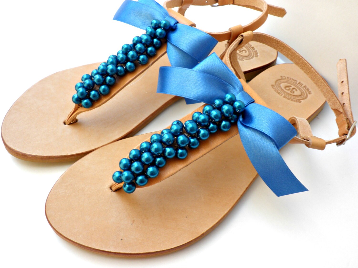 Wedding blue pearls sandals ,Something blue, Greek leather sandals ...