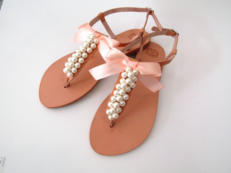 Wedding sandals, Greek leather sandals decorated with ivory pearls and peach satin bow, Bridal party shoes, Pears flats, Bridesmaid sandals image 6