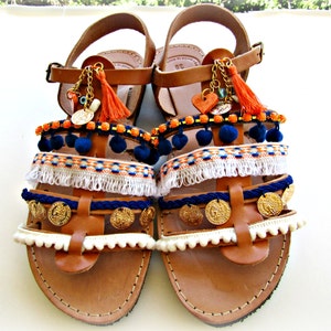 Blue orange pompom gladiator sandals, Boho sandals, Decorated with tassel sandals, Summer flats, Sunset in Santorini, Spartan sandals