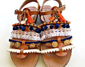 Blue orange pompom gladiator sandals, Boho sandals, Decorated with tassel sandals, Summer flats, Sunset in Santorini, Spartan sandals