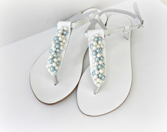 Wedding leather sandals, White sandals decorated with mix ivory blue pearls, Pearls sandals, Bridal shoes, Bridesmaid flats,Summer shoes