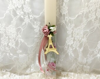 Greek easter lampada, Paris romantic inspired, Orthodox Easter Candle, Gift for her, Floral decor candle, Traditional Greek Easter candle