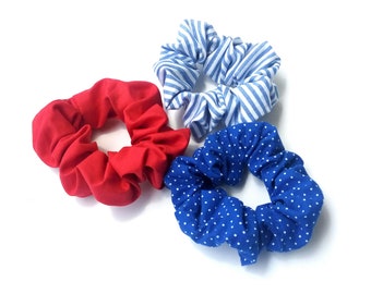 Red cotton scrunchy, Blue stripes, Blue polka dots scrunchy, Set of 3 scrunchies, Navy scrunchies, Handmade scrunchies, Gift for her