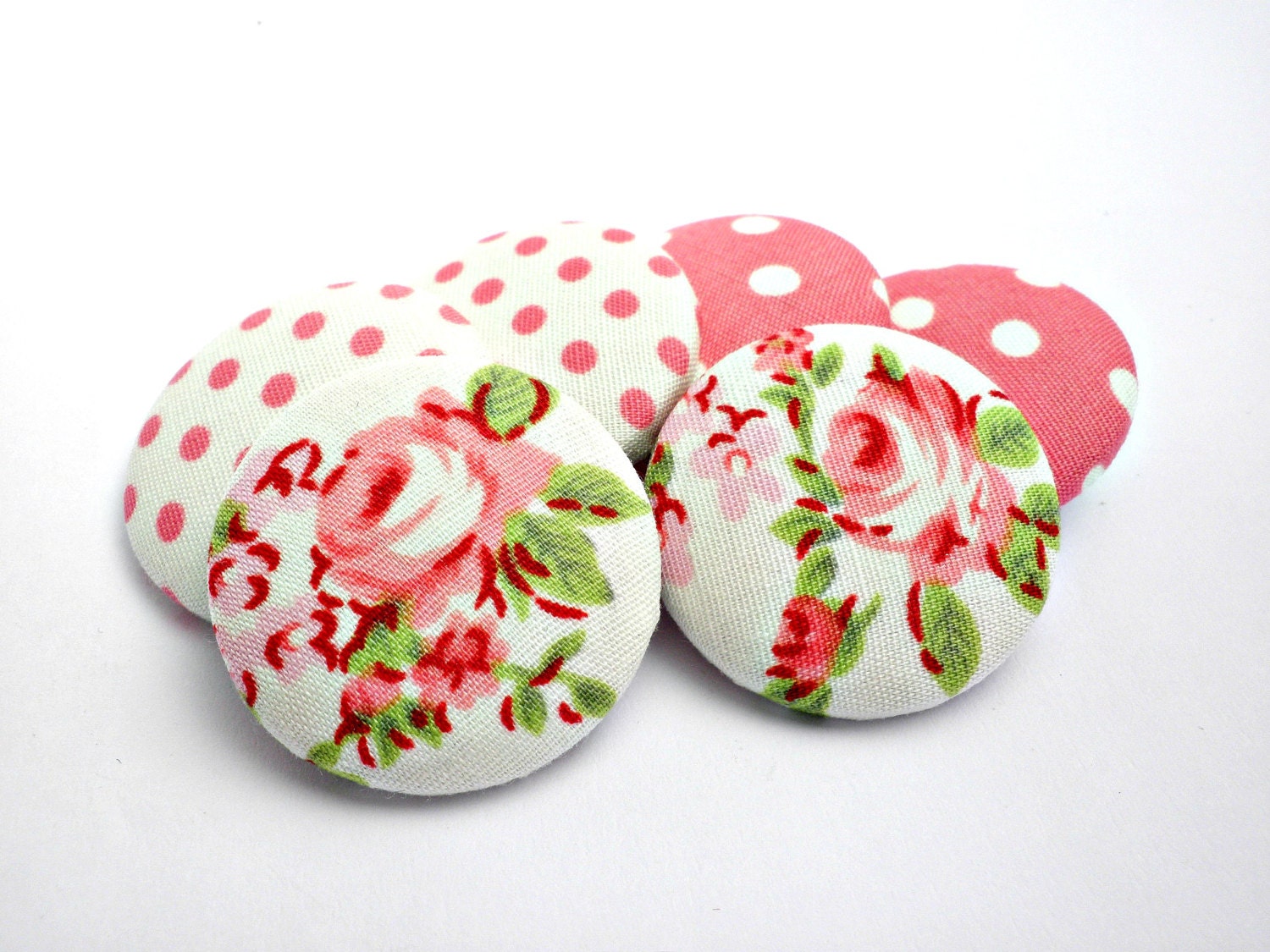 Pink fabric buttons - Polka dots buttons -Size 45 28mm 1 1/8 - White