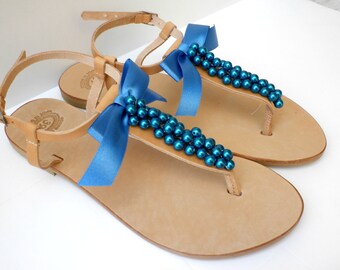 Sandali Estivi Sandali Bassi Acqua Azzurra Matrimonio Blu Perle