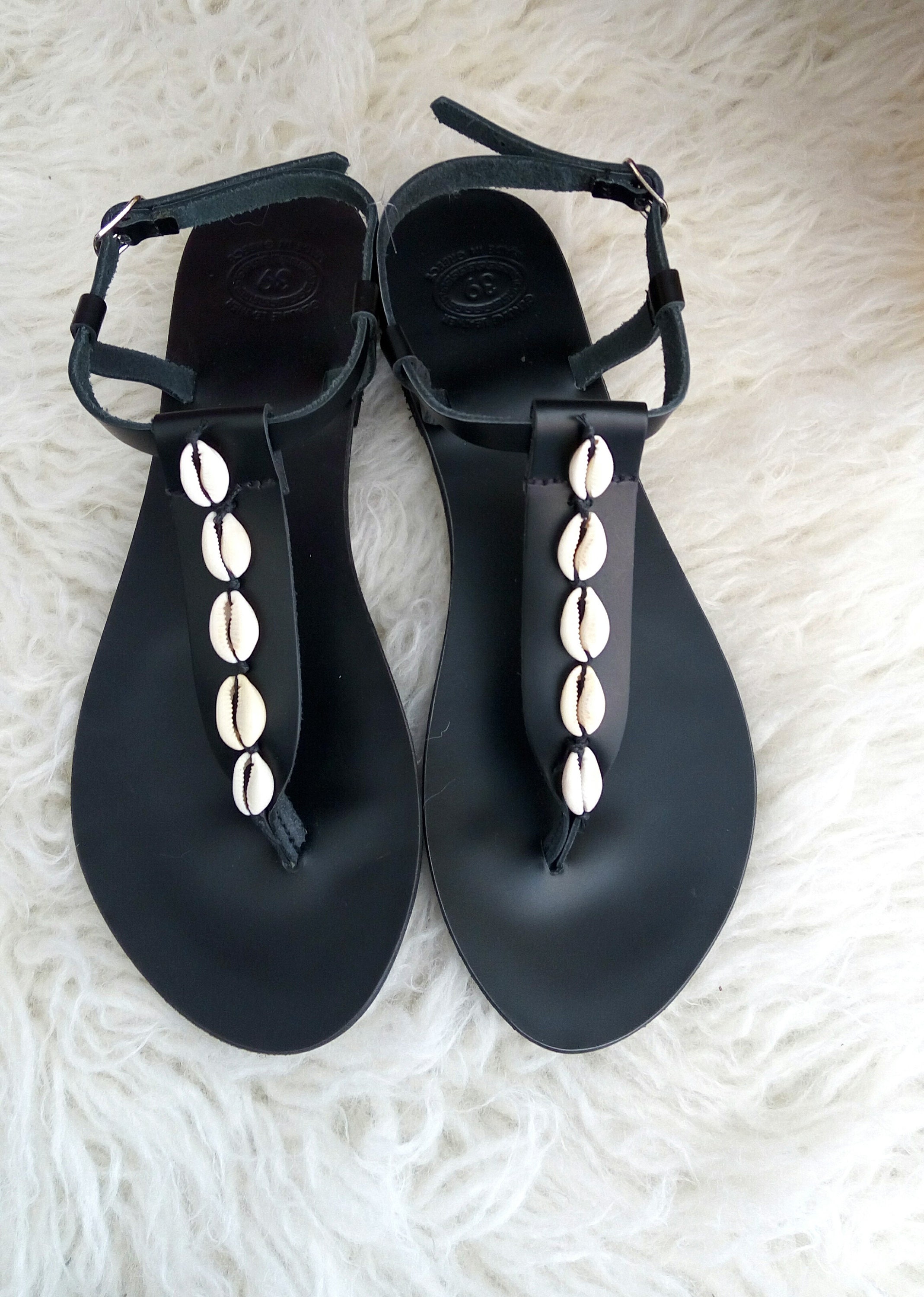 Black sandals with sea shells, Greek leather sandals, Cowrie shells ...