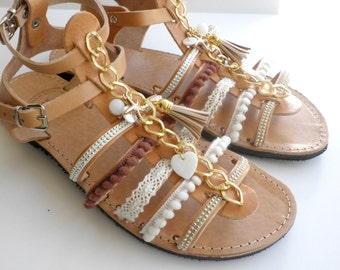 Bohemian leather sandals with pompom gold chain Decorated sandals Spartan sandals Women summer shoes