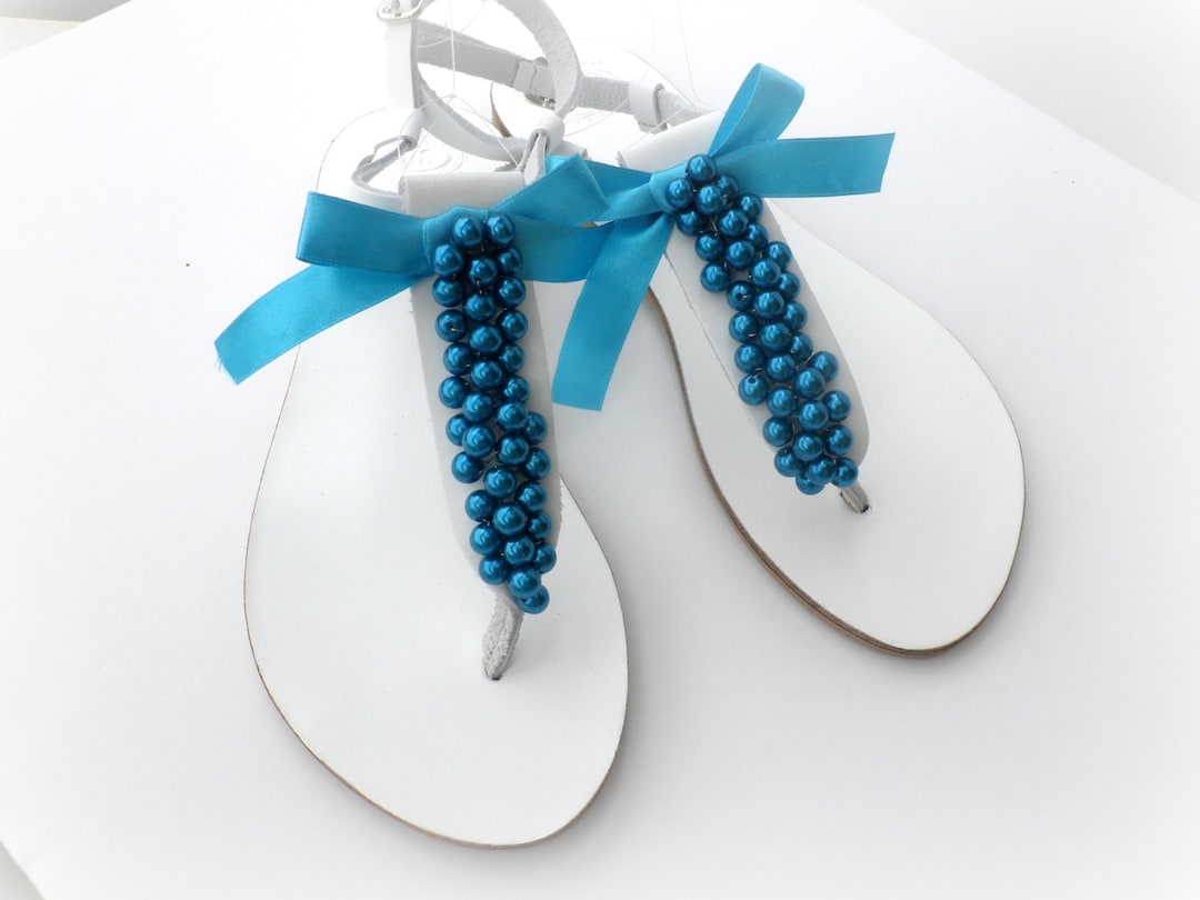 Wedding Sandals White Greek Leather Sandals With Blue Pearls - Etsy
