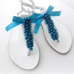 Wedding sandals, White greek leather sandals with blue pearls, Pearls sandals, Bridal party, Bridesmaid flats, Summer shoes, Bridal party