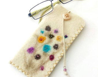 Handmade Felt Eyeglasses Case, Cream Floral Pouch