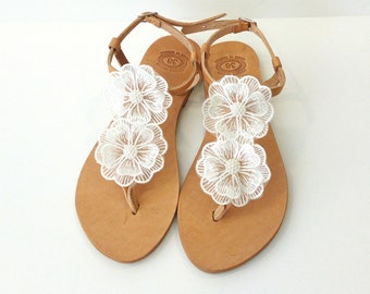 Wedding sandals, Greek leather sandals, Bridal party sandals, Decorated sandals, White flowers sandals, Beach wedding flats, Summer shoes