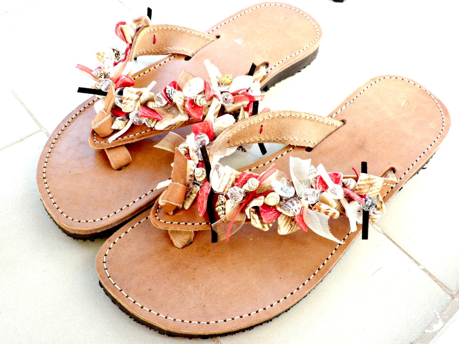 Greek leather sandals -Summer beaded sandals - Sea shells beachwear ...