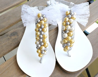 Wedding sandals, Greek sandals, Pearls decorated sandals, White sandals, Beach wedding sandals, Bridal shoes, Bridesmaid flats, Bow sandals