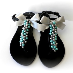Black leather sandals decorated with mix silver turquoise pearls and silver satin bow, Pearls sandals, Beach party shoes, Summer shoes,