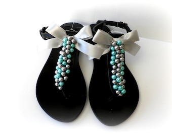 Black leather sandals decorated with mix silver turquoise pearls and silver satin bow, Pearls sandals, Beach party shoes, Summer shoes,