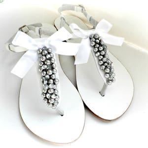 Pearls sandals Wedding sandals Silver pealrs shoes Greek leather sandals Bridesmaid flats  White leather sandals Bridal beach party shoes