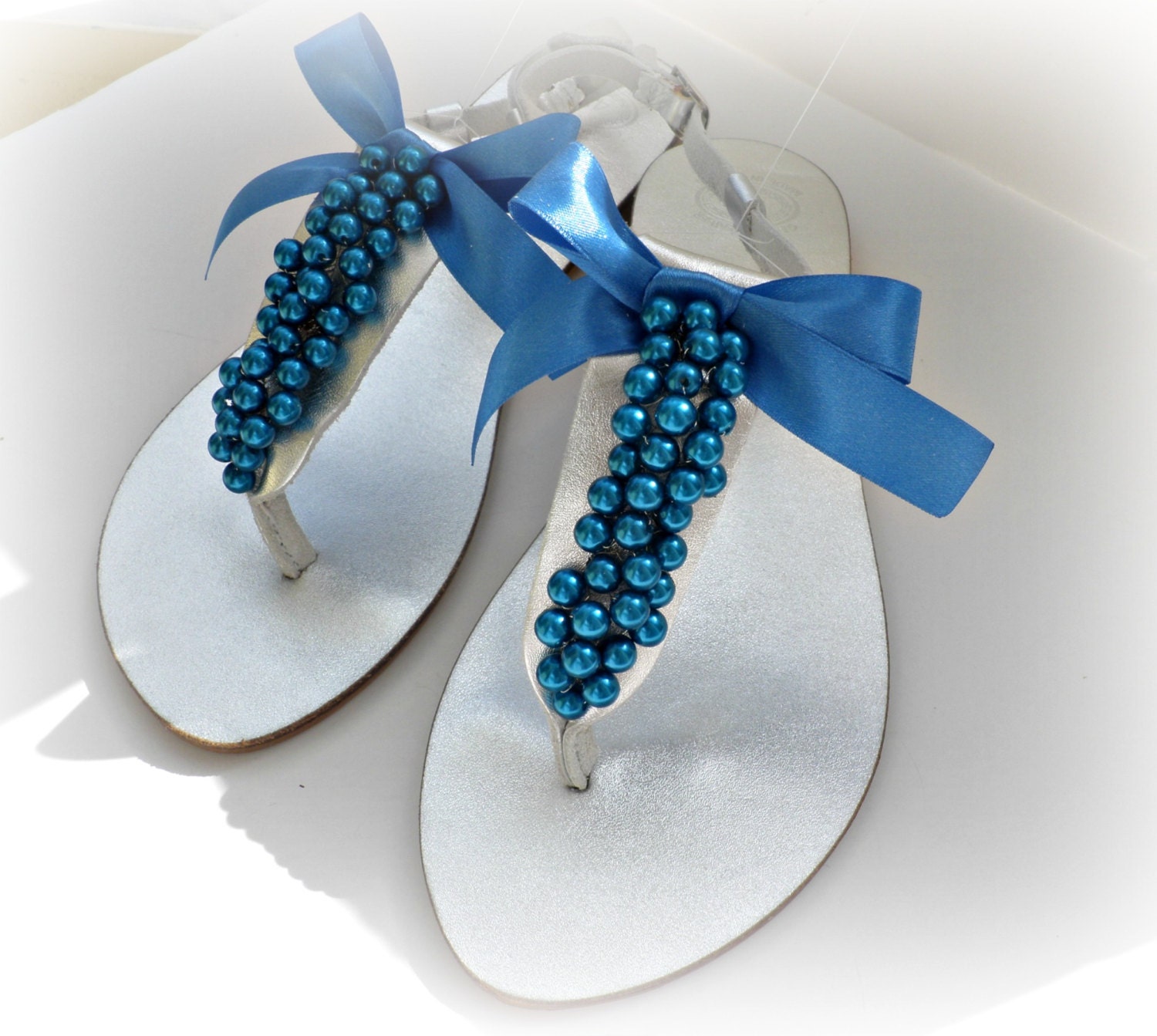 Silver Wedding sandals, Blue decorated silver sandals, Greek leather ...