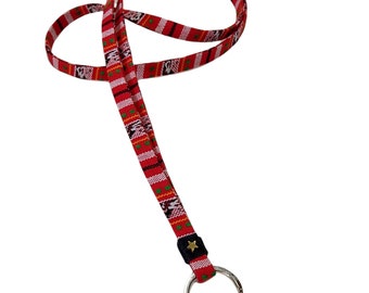 Red woven lanyard with hematite star, Ethnic lanyard, Bohemian keychain with gold star, Red ribbon keychain, Red woven lanyard with star