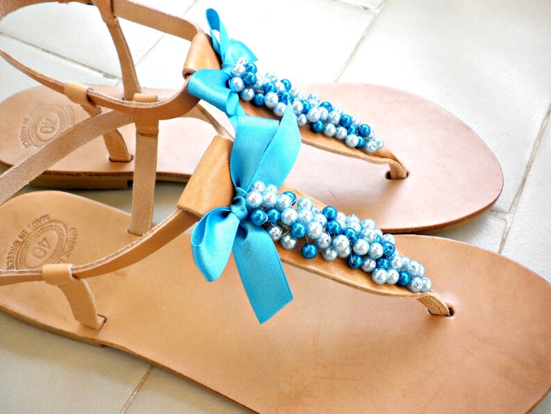 Leather Greek sandals Summer sandals- Something blue Bridesmaids sandals Summer flats Wedding shoes Blue pearls decorated sandals