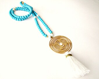 Long tassel necklace, Turquoise beaded necklace, Gold plated spiral charm with tassel necklace,Summer necklace, Boho beaded necklace