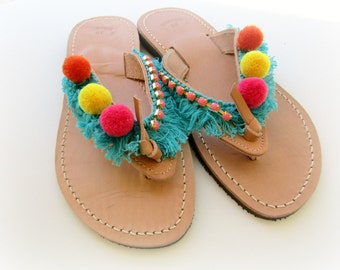 Pompom sandals, Boho greek sandals,Yellow pink orange hippie sandals, Turquoise fringe decorated sandals, Beach hippie sandals, Summer shoes