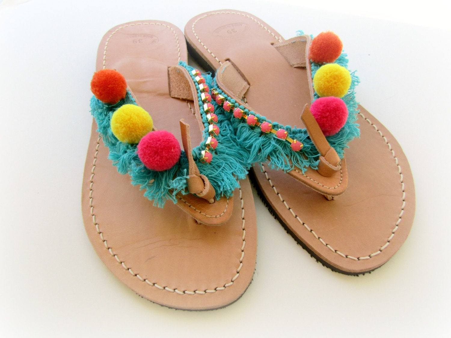 Pompom sandals, Boho greek sandals,Yellow pink orange hippie sandals ...