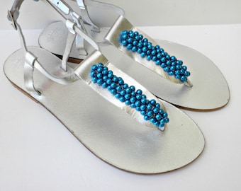 Silver shoes, Wedding sandals, Blue pearls silver flats, Greek leather sandals, Bridesmaid flats, Leather sandals, Bridal party, Beach wear