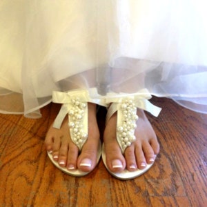 Wedding white sandals with ivory pearls and satin bow, White Greek sandals with ivory pearls, Bridal white flats /Bridesmaid shoes image 2