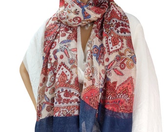 Floral blue red scarf, Elegant fashion accessory, Artisan shawl, Unique floral pattern, Luxury scarves, Mothers day gift, Gift for Her