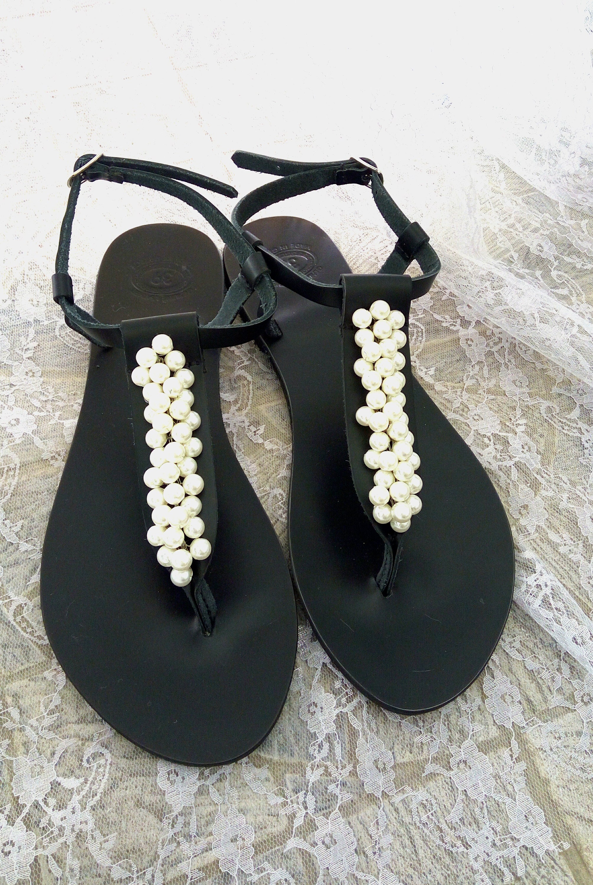 black slide sandals with pearls