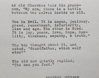 Cherokee Grandfather and Wolf Quote Typed on Typewriter