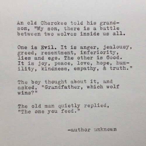 Cherokee Grandfather and Wolf Quote Typed on Typewriter