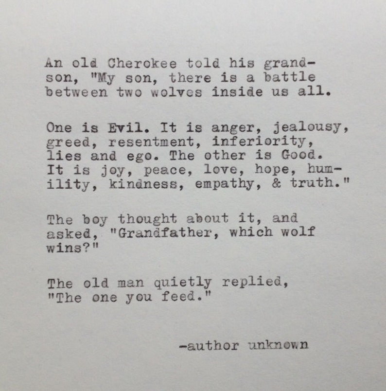 Cherokee Grandfather and Wolf Quote Typed on Typewriter image 1