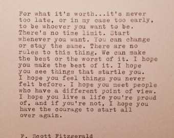 F. Scott Fitzgerald  Hand Typed Quote Made On Typewriter