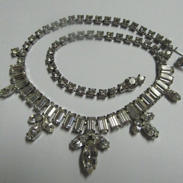 Circa 1950's Stunning Baguette And Marquis Rhinestone Necklace Signed LaRel