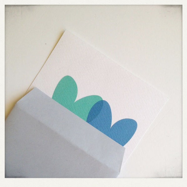 romantic card love with hearts, Valentine card, handmade envelope and sticker, green and blue, minimalist