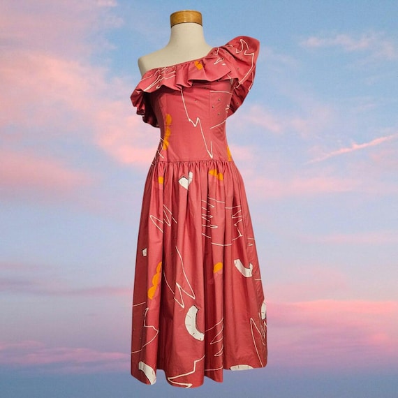 80s one shoulder dress Vintage Abstract 80s/90s Retro One Shoulder Ruffle Dress by T.H.E. Design  House Coral Pink Midi Dress Bold Pink Party Dress