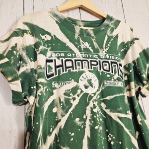 Boston Celtics Basketball Upcycled T Shirt Celtics Spiral Bleach Dye Top Boston Basketball Tee Celtics Game Shirt Women&#39;s Celtics T-Shirt