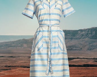 Vintage Blue Plaid Shirtwaist Dress | 1970s Style Day Dress | Short Sleeve Button Front Dress with Belt & Pockets
