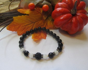 SALE Rainbow Moonstone & Black Onyx Mala Bracelet - OOAK Autumn Tree Spirit Design