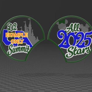 May include: Two ear-shaped ornaments with green borders. One features the text "D2 EXAMPLE ONLY Summit" in blue, yellow, and white, with a castle silhouette. The other says "All 2025 Stars" in blue and white.